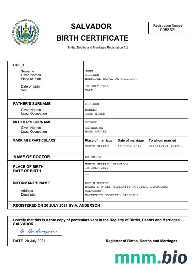 Salvador narodziny certyfikat Word i PDF szablon